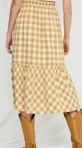 Mustard Checked Midi Skirt